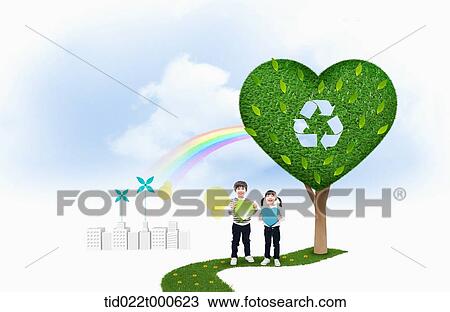 Drawing - kids on eco friendly green land . Fotosearch