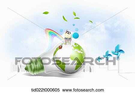 Stock Illustration - kids on eco friendly green land . Fotosearch