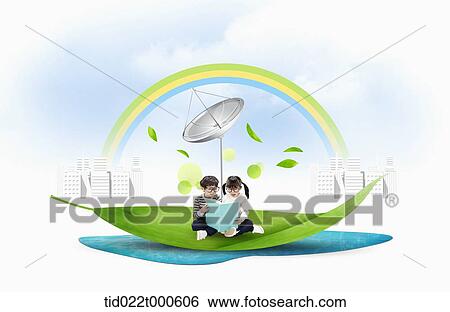 Stock Illustration - kids on eco friendly green land . Fotosearch