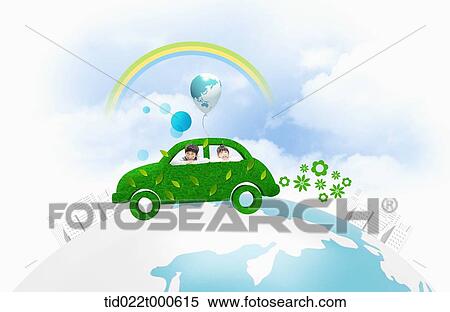 Stock Illustration - kids on eco friendly green land . Fotosearch