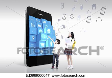 Stock Illustration - kids pressing on icons in a huge mobile phone. Fotosearch