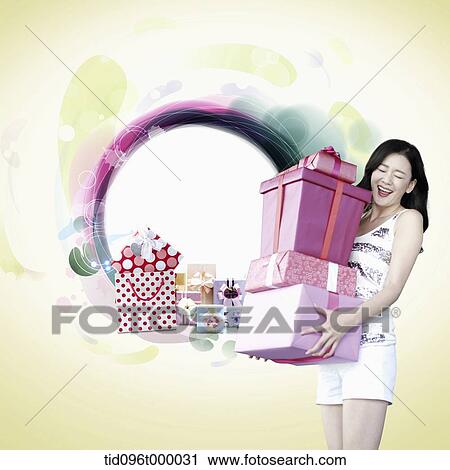 Clip Art - memo template featuring woman with presents. Fotosearch