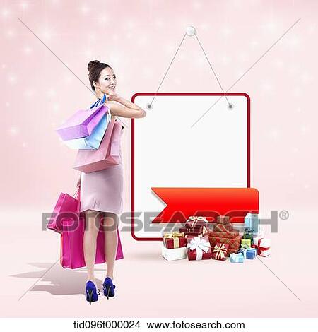 Stock Illustration - memo template featuring woman with shopping bags. Fotosearch