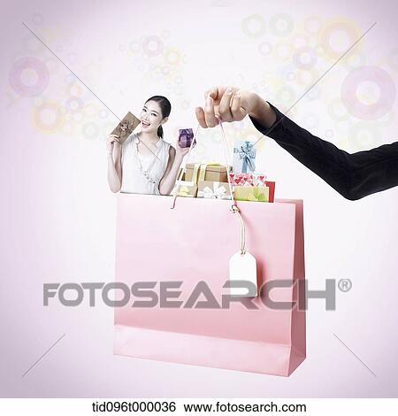 Stock Illustration - memo template featuring woman with shopping items. Fotosearch