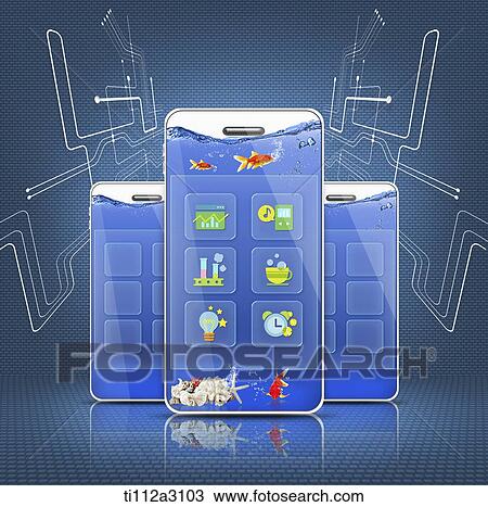 mobile devices filled with water View Large Illustration Drawing - mobile devices filled with water. Fotosearch