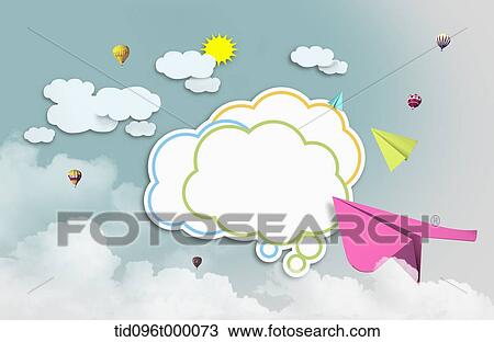 Drawing - paper planes flying in the sky. Fotosearch