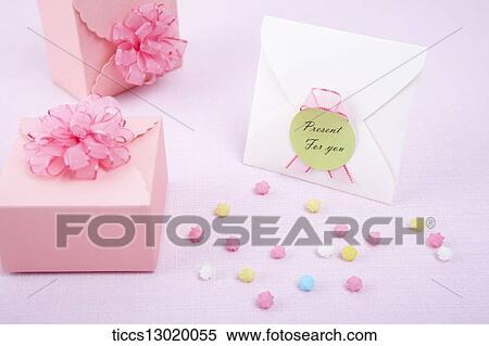 Stock Illustration - pink gift boxes with pink flowers and a card. Fotosearch