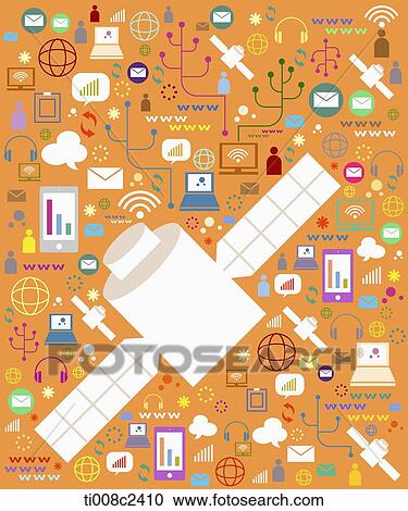 Clipart - satellite on background full of icons . Fotosearch
