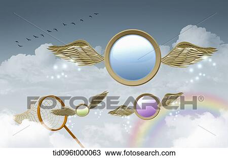 Drawing - several balls with wings flying around. Fotosearch