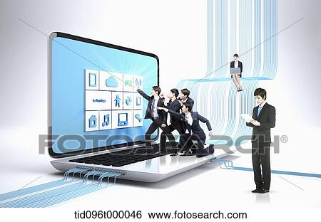 Stock Illustration - several business man standing on a laptop. Fotosearch