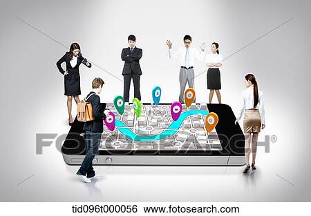 Stock Illustration - several people around a huge mobile phone. Fotosearch