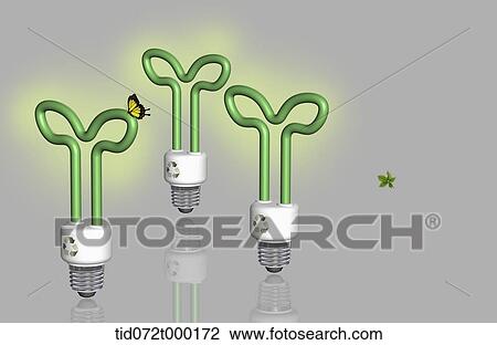 Drawing - three green light bulbs with a butterfly. Fotosearch