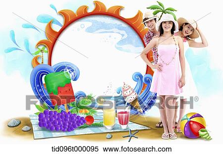 Stock Illustration - three people with beach ware. Fotosearch