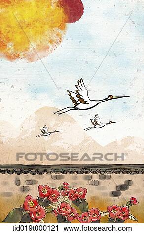 Clip Art - traditional illustration of cranes flying over fence. Fotosearch