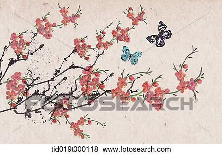 Stock Illustration - traditional illustration of pink flowers and butterflies. Fotosearch