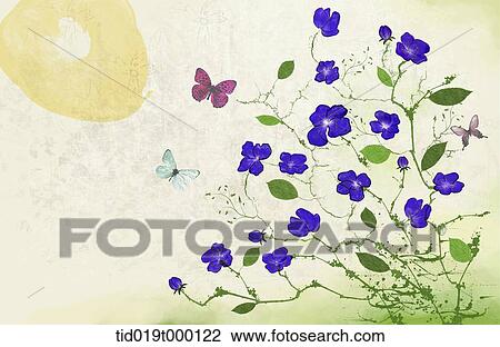 traditional illustration of purple flowers and butterflies View Large Illustration Drawing - traditional illustration of purple flowers and butterflies. Fotosearch