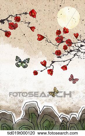 Clipart - traditional illustration of red flowers and butterflies. Fotosearch