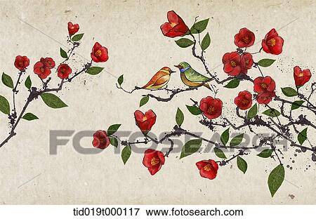 traditional illustration of red flowers and birds View Large Illustration Stock Illustration - traditional illustration of red flowers and birds. Fotosearch