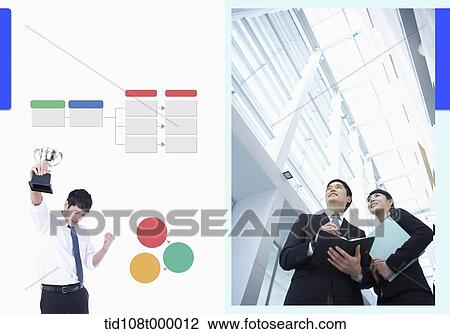 Drawing - two business people next to some shapes. Fotosearch