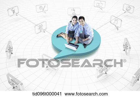 Clip Art - two business people sitting on a speech bubble. Fotosearch