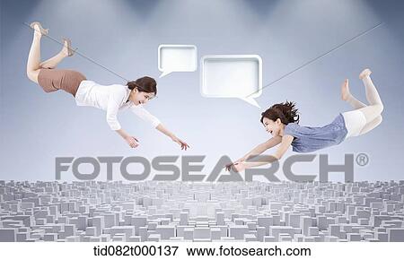 Stock Illustration - two women with speech bubbles flying. Fotosearch