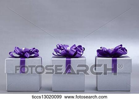 white gift boxes with purple ribbons View Large Illustration Stock Illustration - white gift boxes with purple ribbons. Fotosearch