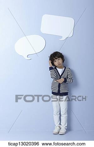 Stock Photograph - a boy with empty speech bubbles. Fotosearch