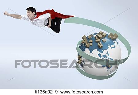 Stock Photo - a business man flying around the world. Fotosearch