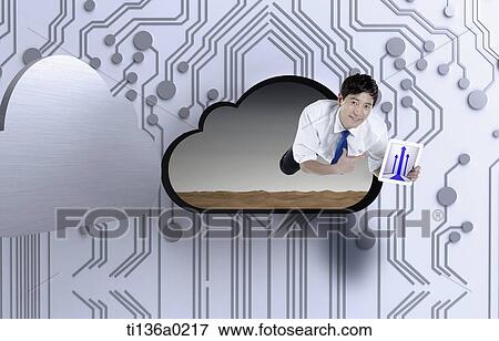 a business man flying from a cloud shape hole View Large Photo Image Stock Photo - a business man flying from a cloud shape hole. Fotosearch