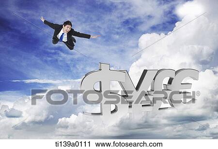 a businessman flying in the sky with currencies View Large Photo Image Stock Image - a businessman flying in the sky with currencies. Fotosearch