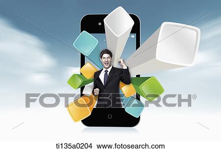 Picture - a businessman inside mobile phone. Fotosearch