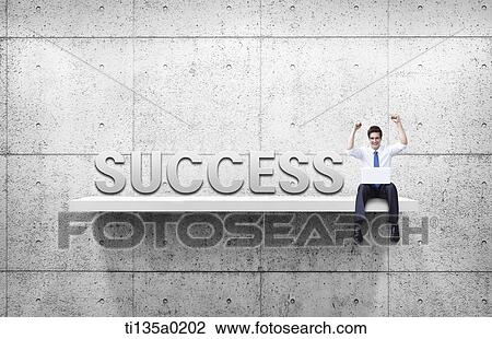 Stock Image - a businessman sitting next to a word success. Fotosearch