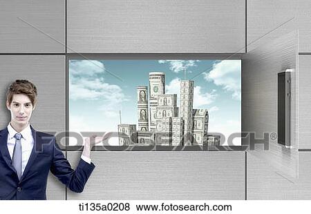 Stock Photo - a businessman standing next to TV . Fotosearch