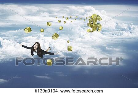 a businesswoman flying in the sky with dollars View Large Photo Image Picture - a businesswoman flying in the sky with dollars. Fotosearch
