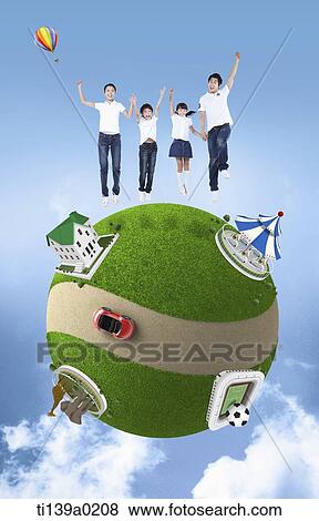 a family jumping on a globe View Large Photo Image Stock Photo - a family jumping on a globe. Fotosearch