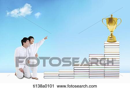 a father and son next to piles of books View Large Photo Image Stock Image - a father and son next to piles of books. Fotosearch