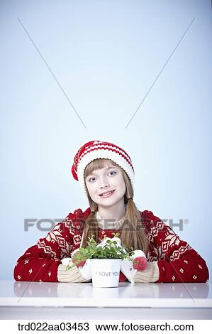 a girl in winter outfit sitting at table with a Christmas plant View Large Photo Image Stock Image - a girl in winter outfit sitting at table with a Christmas plant. Fotosearch