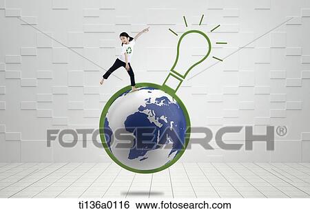 a girl standing on a globe with light bulb View Large Photo Image Stock Photograph - a girl standing on a globe with light bulb. Fotosearch