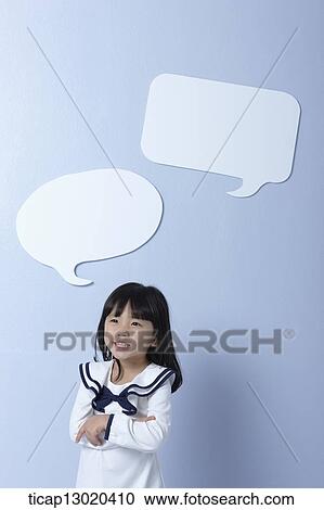 Stock Image - a girl with empty speech bubbles. Fotosearch