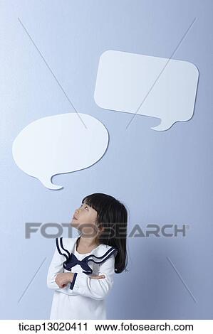 Stock Image - a girl with empty speech bubbles. Fotosearch