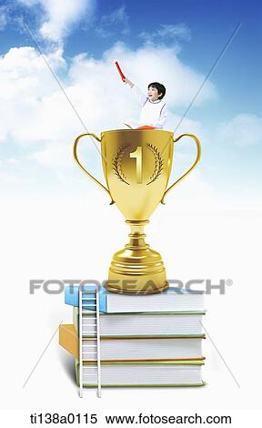 Stock Photography - a kid inside a golden trophy. Fotosearch
