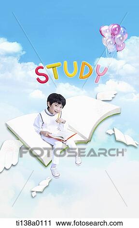 a kid sitting on a book with a word study View Large Photo Image Stock Image - a kid sitting on a book with a word study. Fotosearch