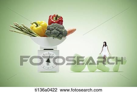 Stock Image - a woman next to a plate full of diet food. Fotosearch