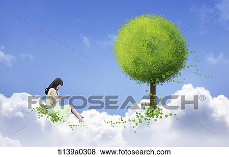 a woman sitting on a cloud next to a tree View Large Photo Image Stock Photo - a woman sitting on a cloud next to a tree. Fotosearch