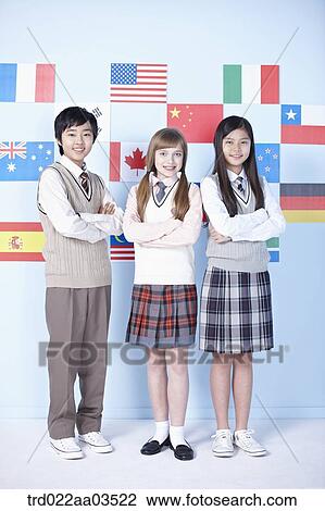 students in uniform standing in front of international flags View Large Photo Image Stock Image - students in uniform standing in front of international flags. Fotosearch