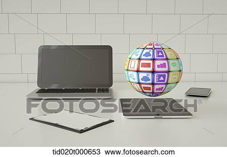 Stock Image - a ball with icons on top of tablet PC. Fotosearch