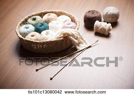 a basket of knit strings and knitting needle on wooden floor View Large Photo Image Stock Image - a basket of knit strings and knitting needle on wooden floor. Fotosearch