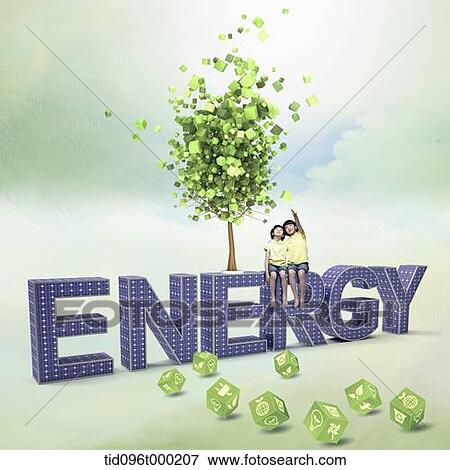 Stock Photo - a boy and a girl sitting on a word energy made with solar panels . Fotosearch