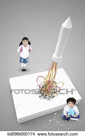 a boy and a girl white rocket View Large Photo Image Picture - a boy and a girl white rocket. Fotosearch
