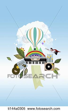 Stock Photography - a boy flying over illustrated musical instruments. Fotosearch